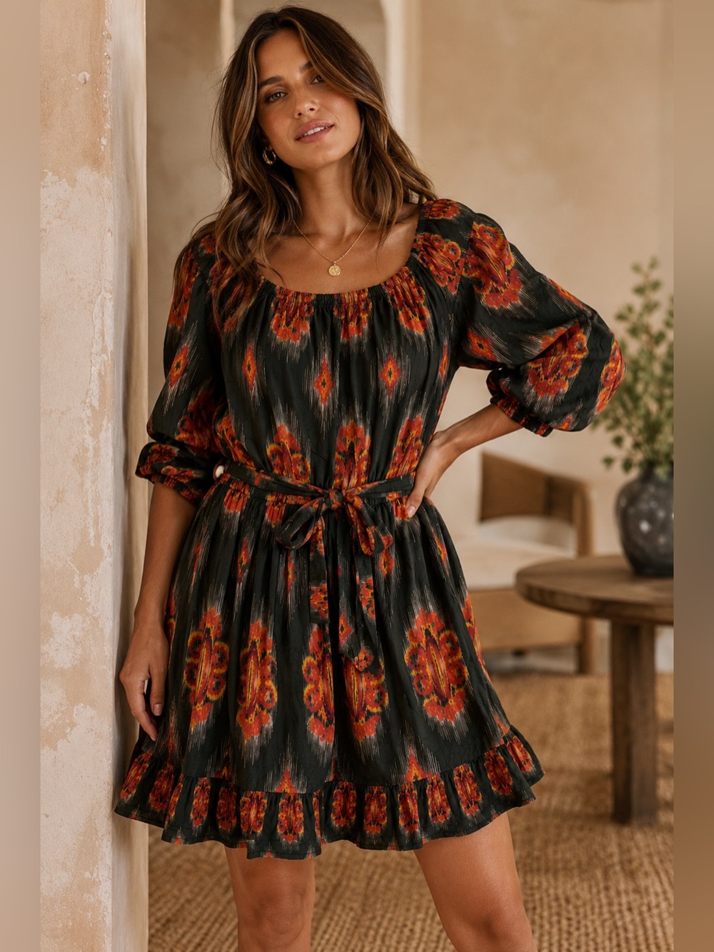 A Loves A Mini Dress Womens Large Boho Floral Cotton Puff Sleeve Belted Fall